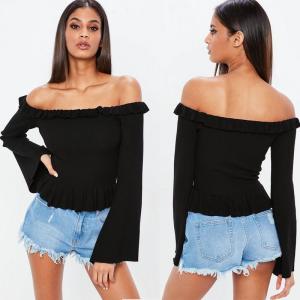 Quality Spring Black Frill Knit Woman Crop Top Clothing Tops wholesale