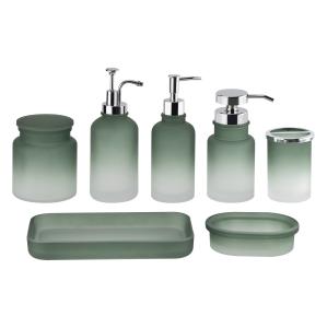 Quality Green Glass Bathroom Accessories Set Acid Wash ABS Pump Head Bathroom Counter Tray wholesale