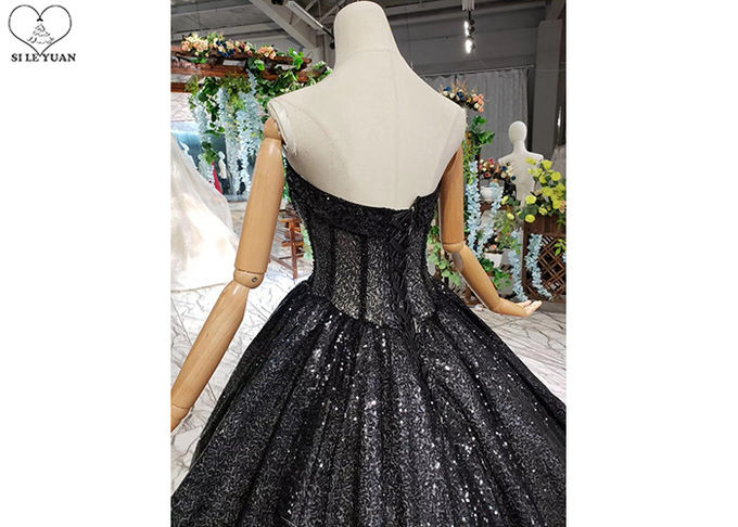 Black Custom Beautiful Sparkly Prom Dresses Strapless Bust Hollow Shining Beads