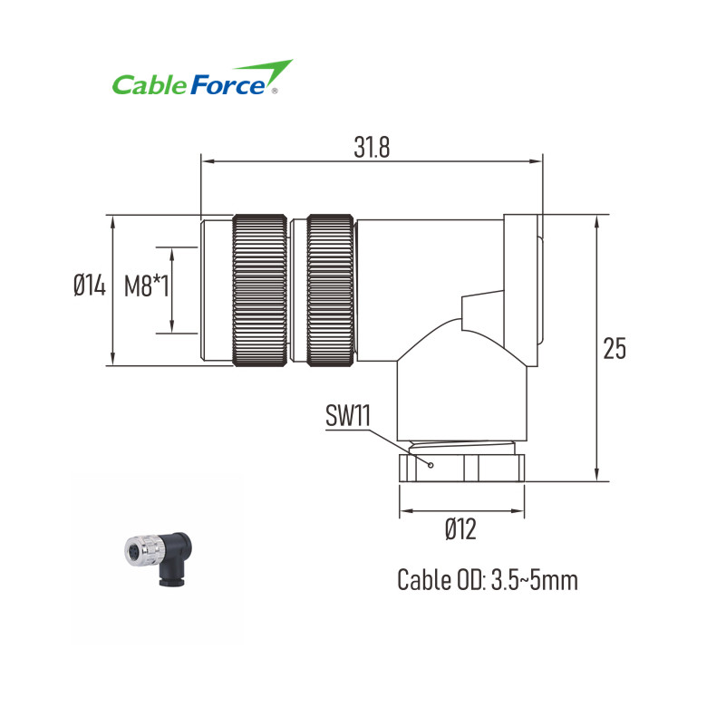 3 Pin Right Angled Field Wireable M8 Connector PA66 GF IP67 Female