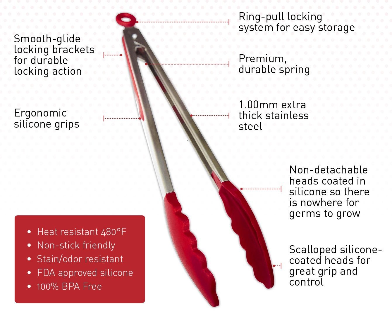Premium Heat resistant Silicone Stainless Steel Kitchen Tongs 12-Inch Non-Stick eco-Friendly Red Bbq Serving Utensil