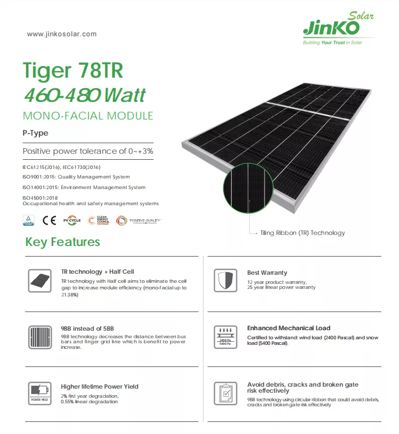 Mono Facial Polycrystalline Solar Panel 480w Jinko Mono Half Cell 182mm JKM480M-7RL3