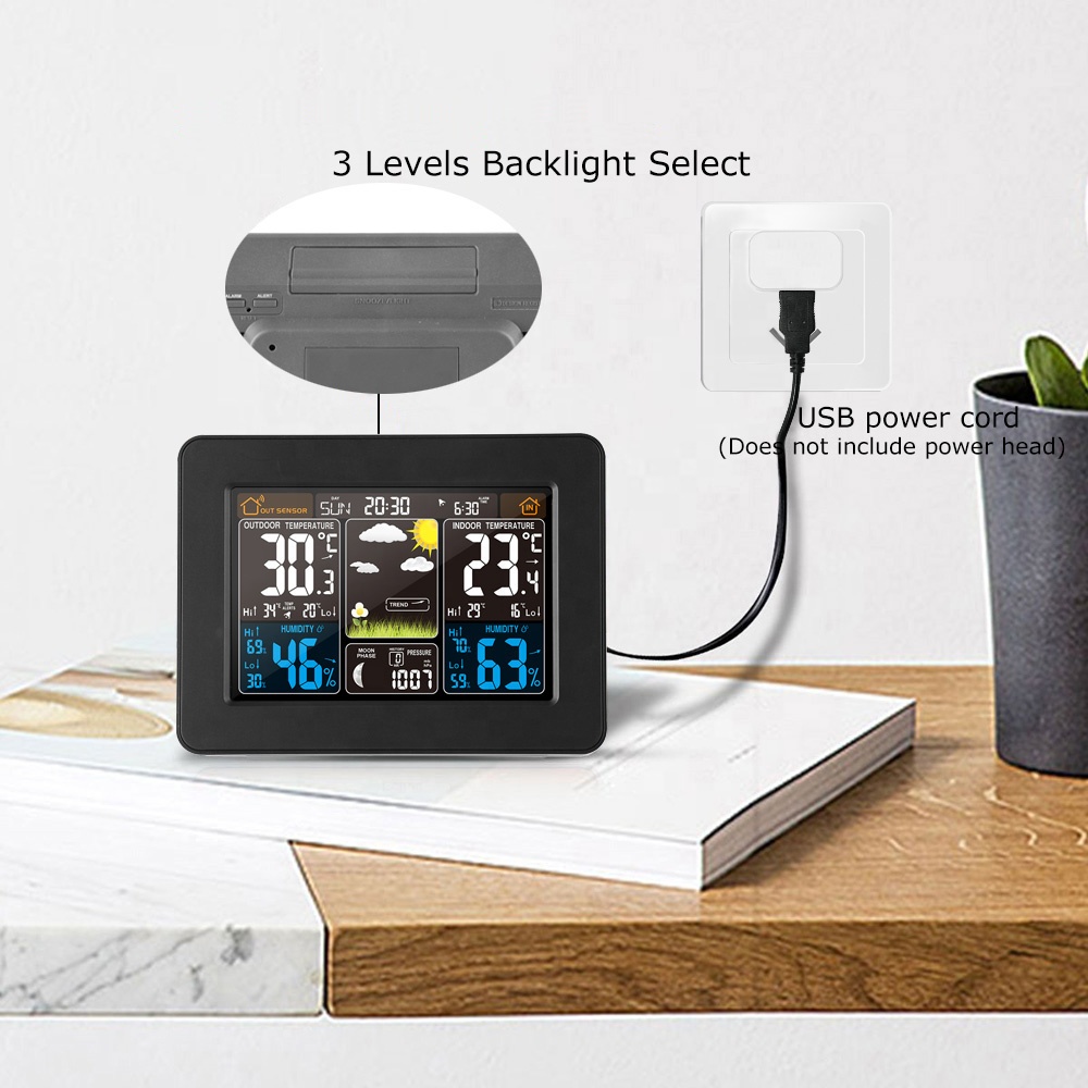 Wireless Sensor Indoor Outdoor Thermometer Hygrometer With Alarm Clock And Barometer