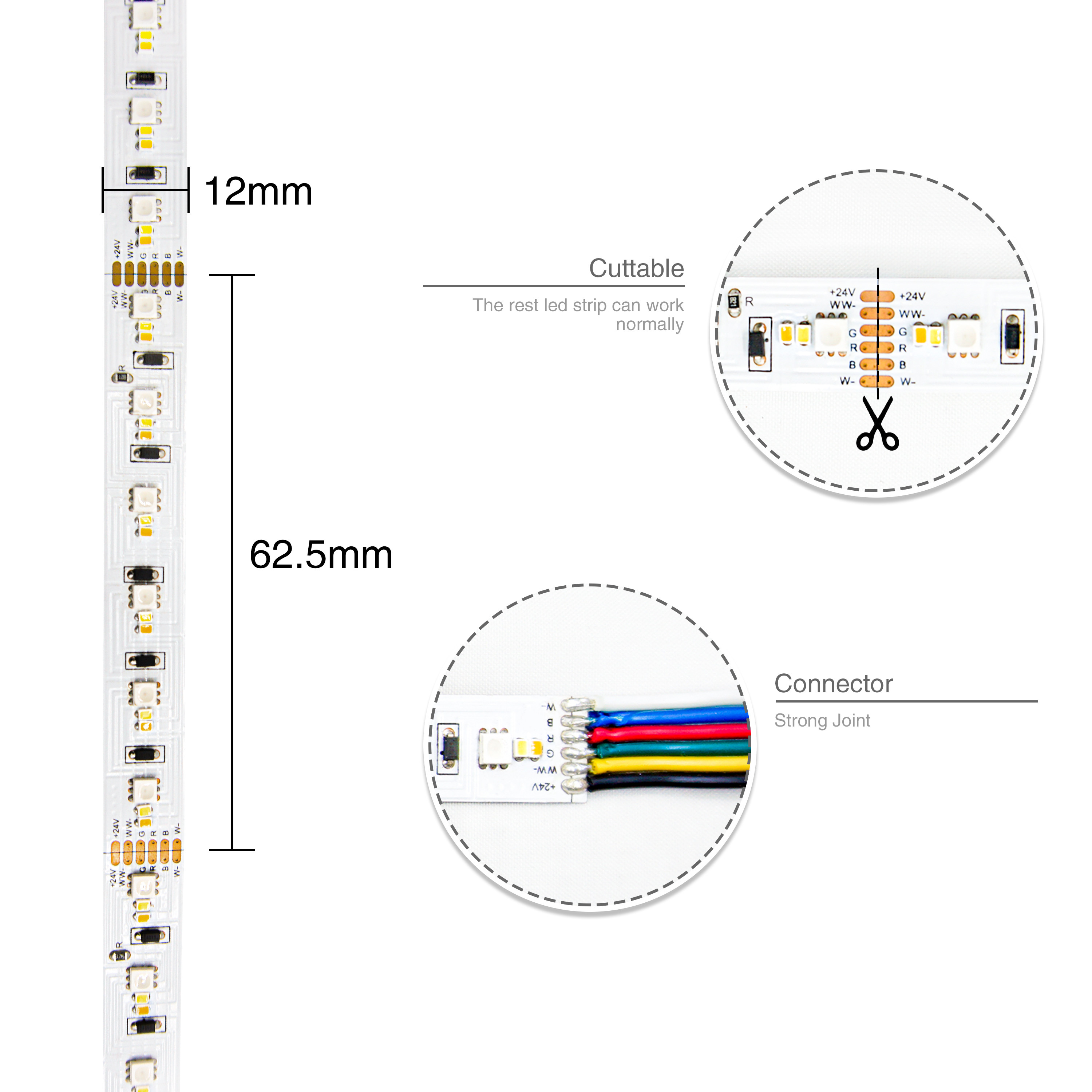 High Quality 12mm DC24V 288LEDs/m 5-color RGB+2700K-6000K LED Strip Light