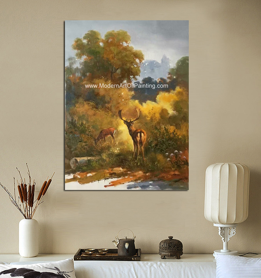 Canvas Classic Animal Oil Painting , Two Deer Framed Wall Art 24" X 36" For Reading Room