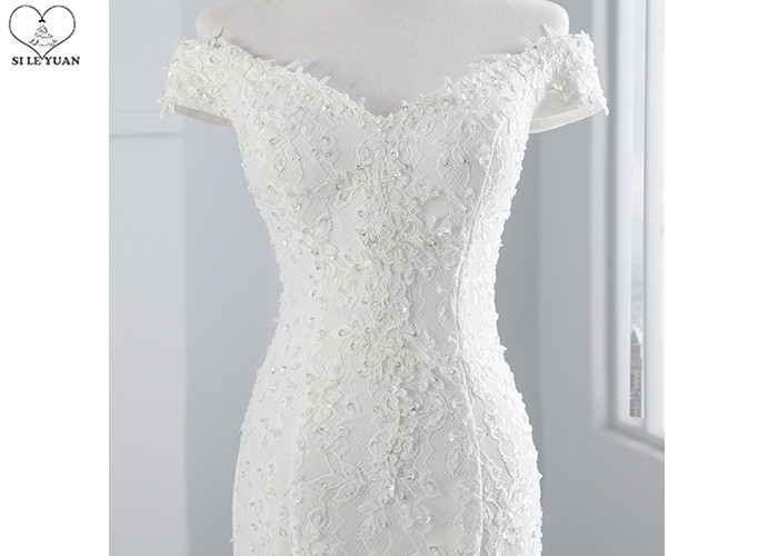White Off Shoulder Mermaid Wedding Gown Sweetheart Lace Beading Bandage Back