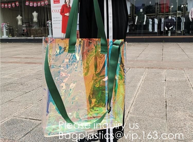 Vinyl Transparent PVC Gusset Bag Plastic Tote Shopping Bag For Packaging TPU Laser Makeup Handbag PVC Cosmetic Shopping