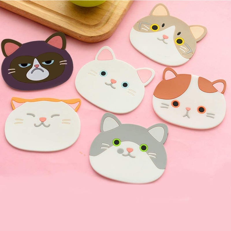 Minglu CM-005Cute Cartoon Cat Cup Coasters Mats Silicone Rubber Coaster for Wine, Glass, Tea, Housewarming Beverage, Drink, Beer