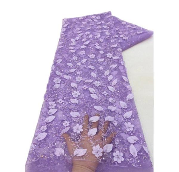Luxury Beaded Lace Fabric lilac flower lace fabric applique for dress 3d flower