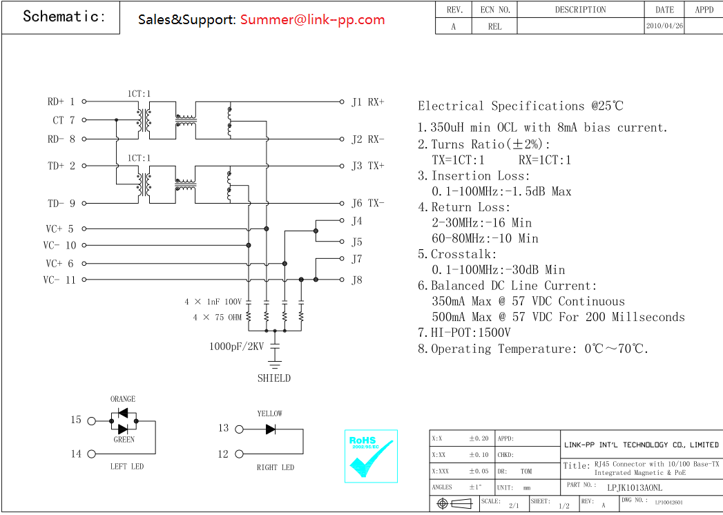 TS-60045 POE RJ45 Connector LPJK1013AONL 10 / 100Base-TX Power Over Ethernet