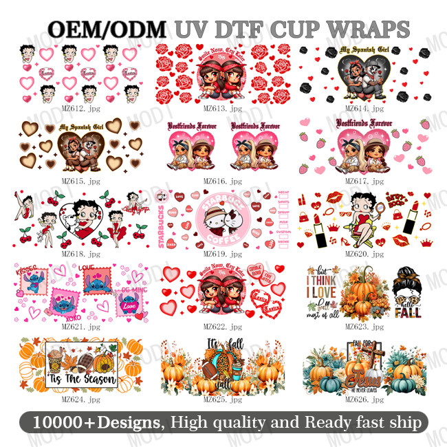 Wholesale Uv Dtf Cup Wrap Transfers Valentine'S Day High Quality Custom Uv Dtf Transfer Couple Design Cup Wrap