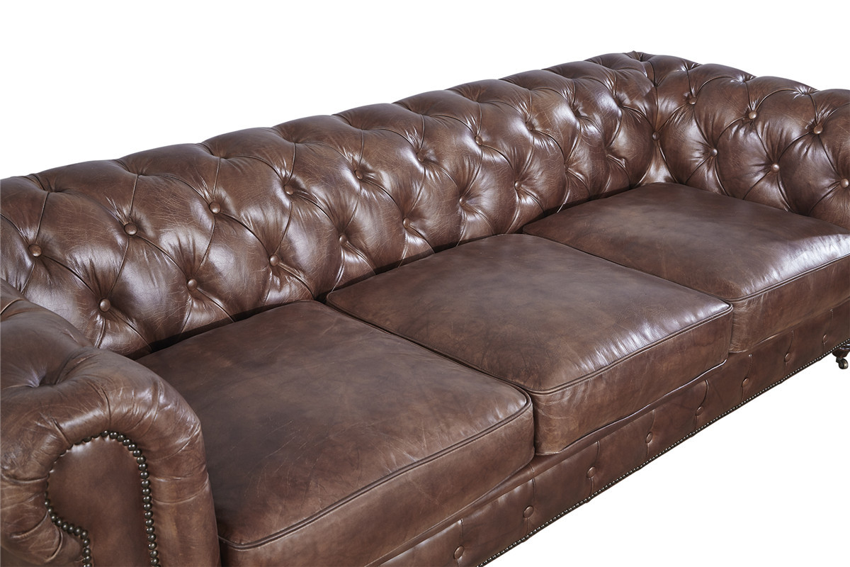 Rolled Arms Three Seater Brown Leather Sofa , 100 Genuine Leather Couch Home Furniture