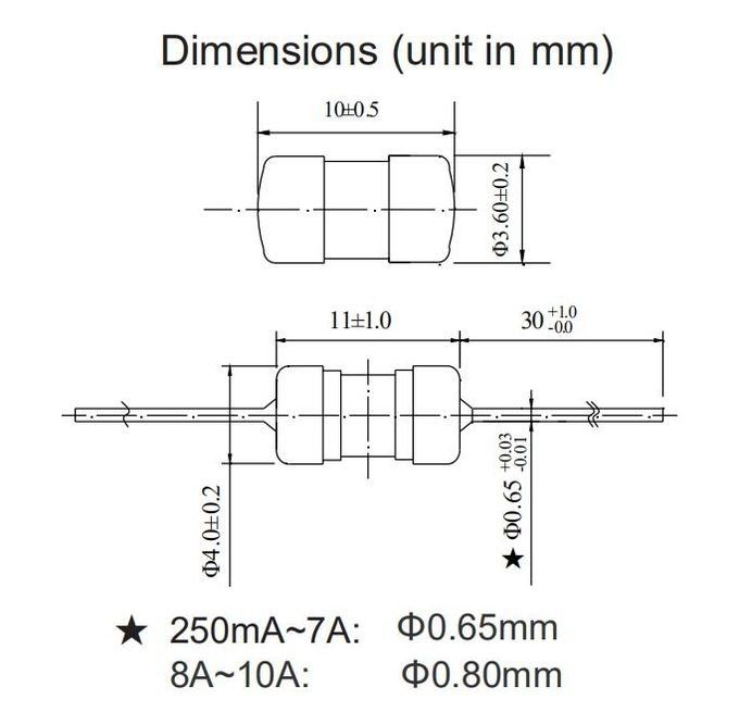 3.6*10 Ceramic T 315mA-10A Subminiature Fuse Fast Acting Quick Blow With Legs