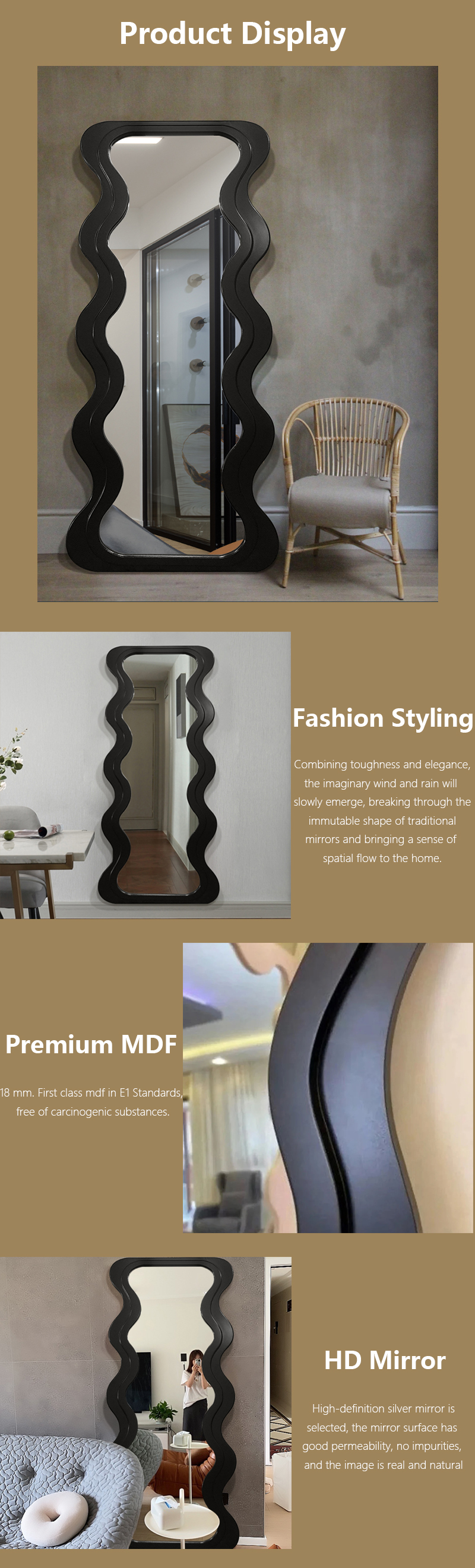 OEM Floor Wavy Standing Mirror Black Ornate Wooden Frame
