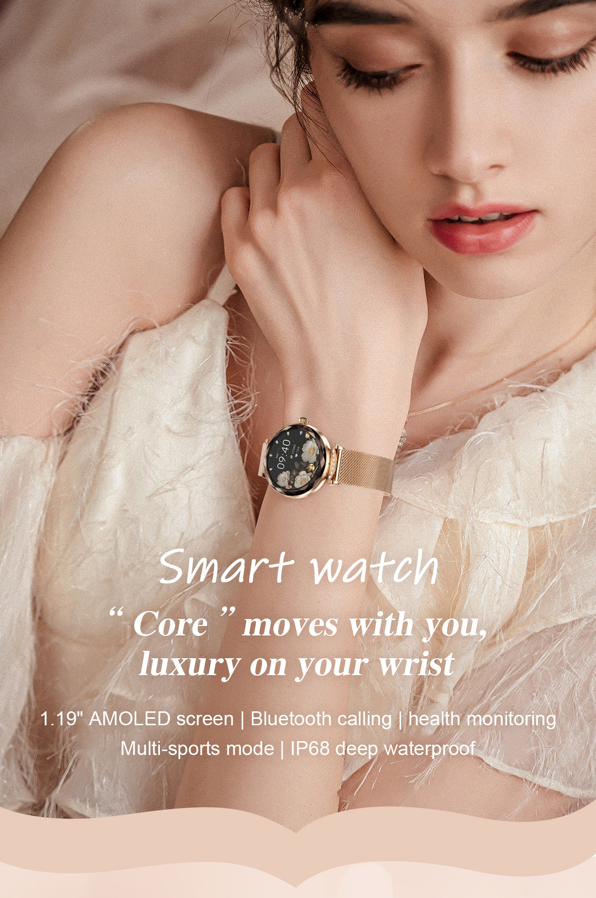 1.19" Women Amoled Display Smartwatch Bluetooth Calling For Android IOS Phones