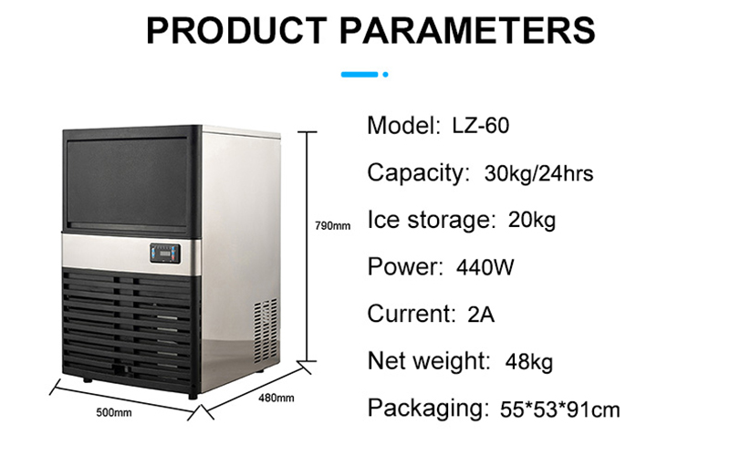 LZ-60 Air Cooling Commercial Ice Cube Maker with 30kg Daily Output and 20kg Storage