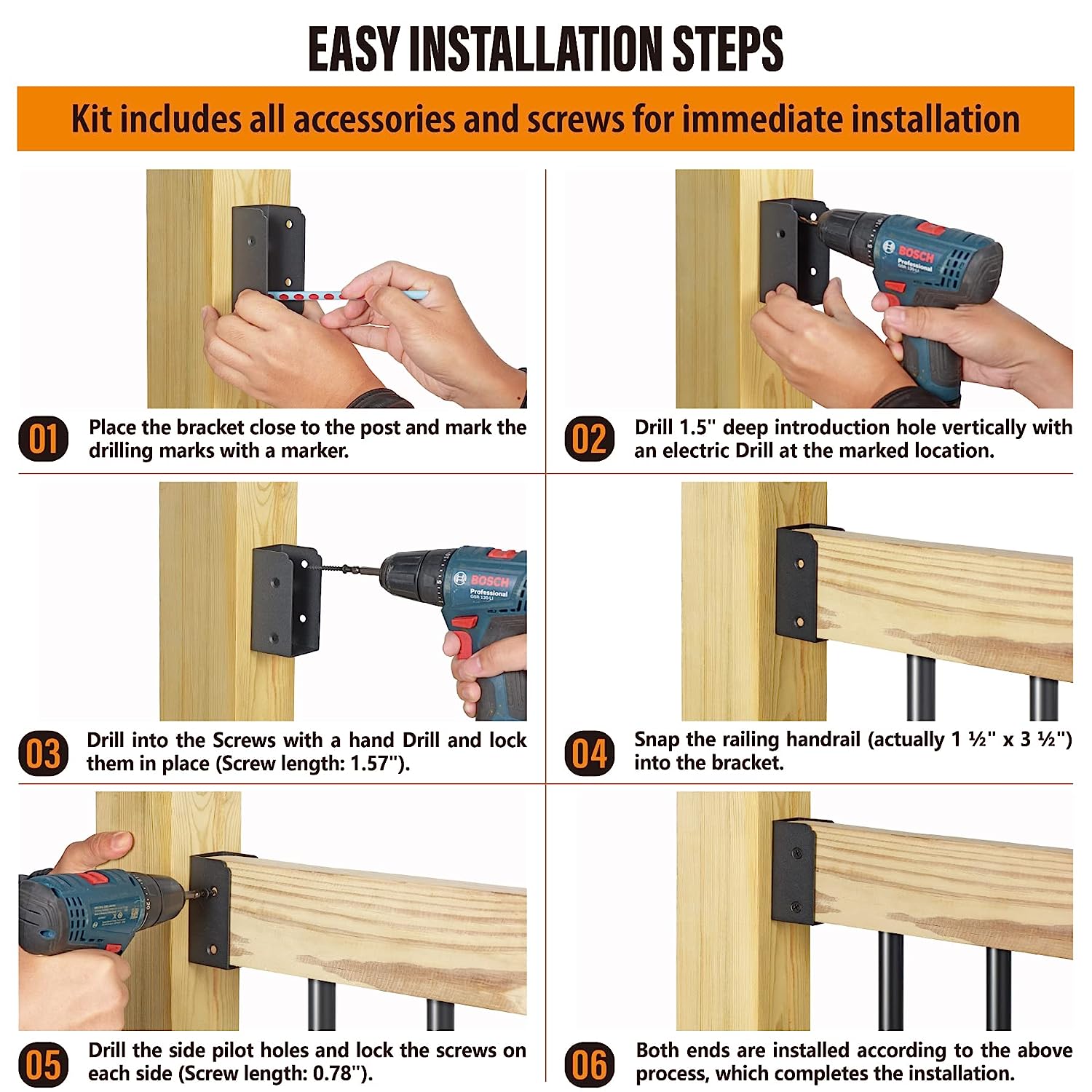 Steel Deck Railing Brackets Connectors for 2"x4" (Actual 1.5"x3.5") Railing Wood Post (Black)