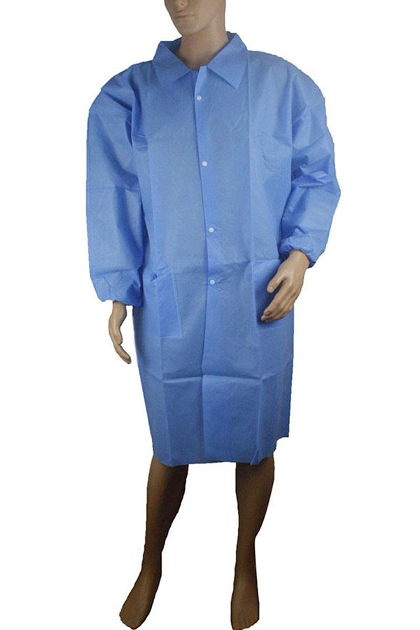 Nonwoven disposable SMS visitor gown,blue visitor gown with Knit collar or turn-down collar