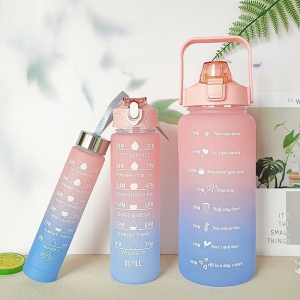 Sports Water Bottle 3 Pcs Set With Motivational Time Marker Leak Proof Flip Top