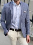 Slim Fit Self Patterned Blue Business Casual Blazer Outfit