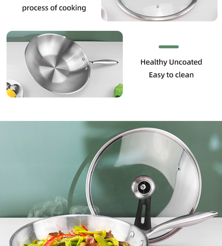 Customized Kitchen 18/8 Stainless Steel Wok Tri-ply Non-stick Frying Pan Honeycomb Wok With Glass Lid