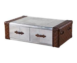 Quality Aviator Vintage Table Metal Aluminium Brown Real Leather 2 Drawer Coffee Table wholesale