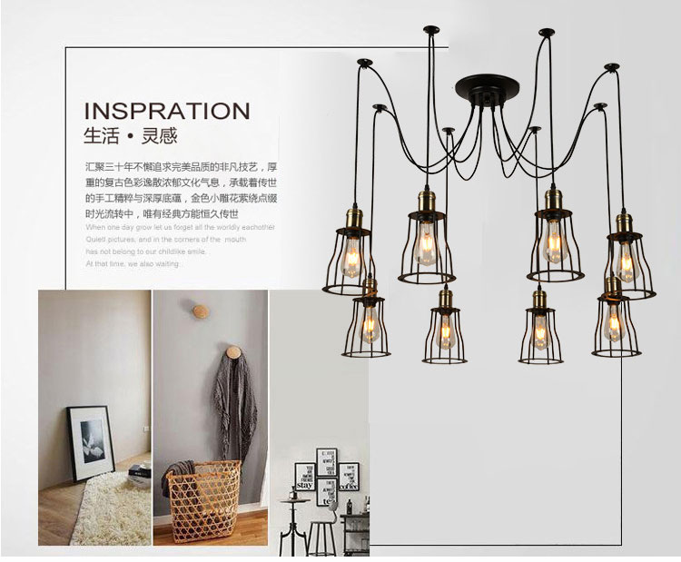 Retro Loft Industrial Chandelier Adjustable E27 Multi Head Lamps Restaurant metal lamp(WH-VP-225）