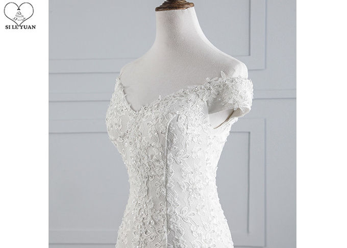 White Off Shoulder Mermaid Wedding Gown Sweetheart Lace Beading Bandage Back