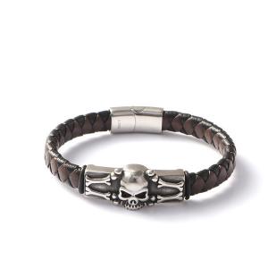 Quality Skeleton Skull Brown Black Leather Creative Personality Stainless Steel Casting Trendy Leather Bracelet European and American Punk Skull Fashion wholesale