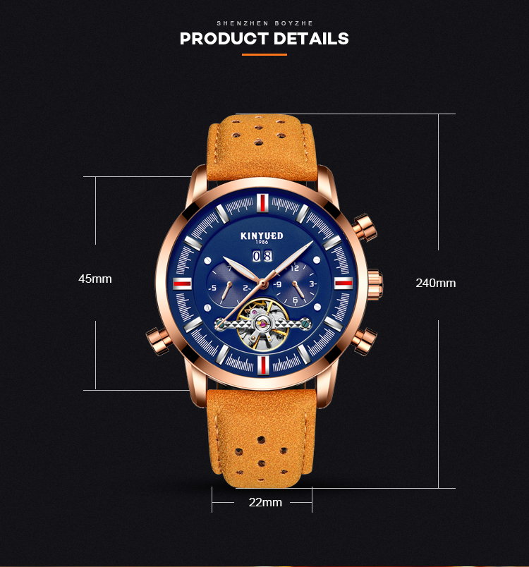 KINYUED J019-1 Gold Case Genuine Leather Auto Date Skeleton Tourbillon Automatic Mechanical Wristwatches