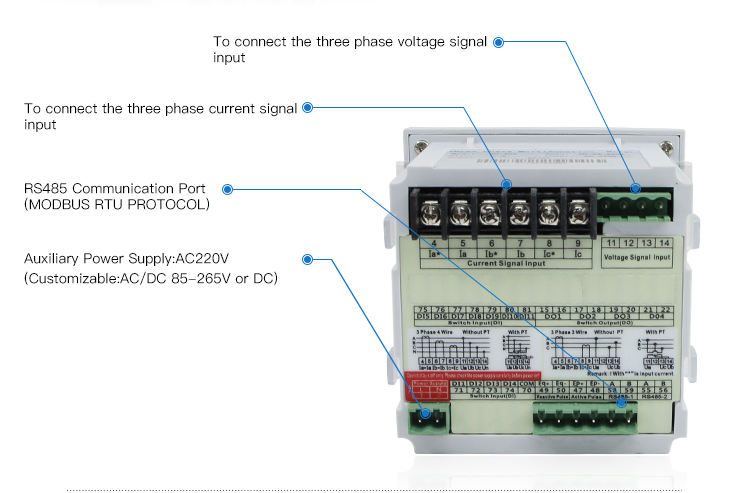 three phase digital multifunction ampere volt poer energy meter ith RS485 meter 220 volt att meter