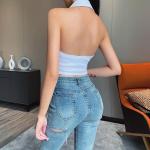 Backless Button Front Women Crop Top , Sleeveless Cotton Halter Tank Top