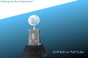 Quality glass trophy/crystal awards/decoration made of glass/golf ball on tall cube award wholesale