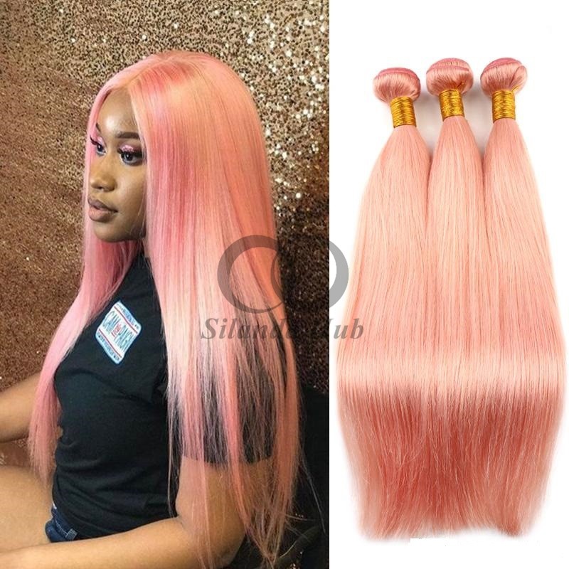 Pink Straight Remy Human Hair Bundles Sew In Weave Bundles Brazilian Bundle Deals
