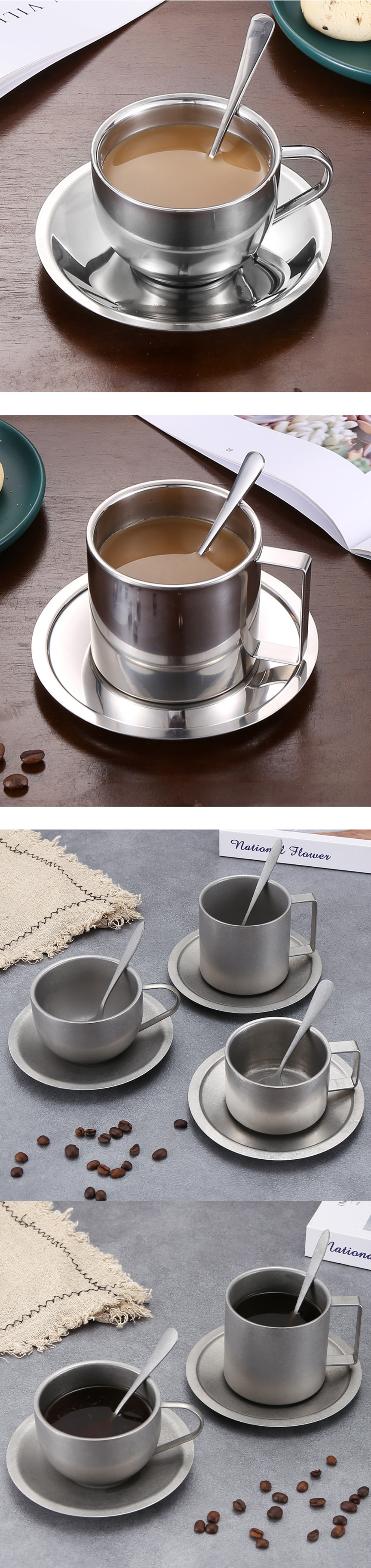Coffee Tea Sets Exquisite 304 Stainless Steel Cup Set with Spoon Tray and Milk Mug