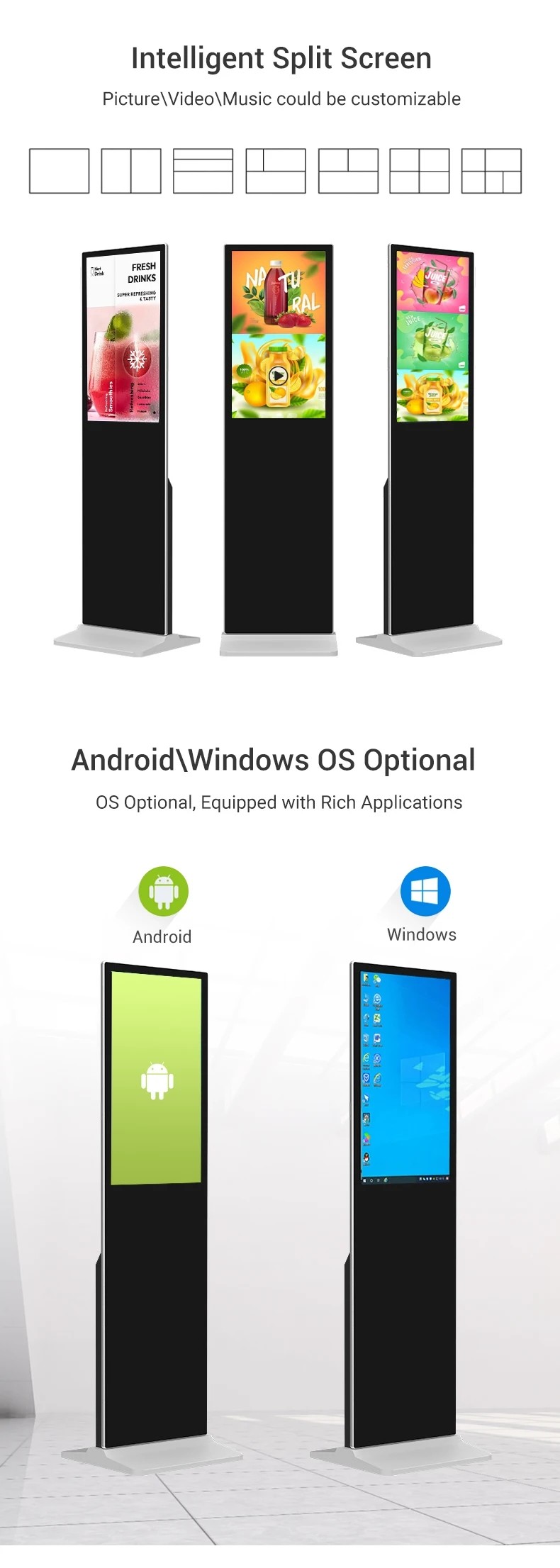 32 43 50 55 65'' Floor Standing Touch Screen Kiosk Android Indoor Exhibition
