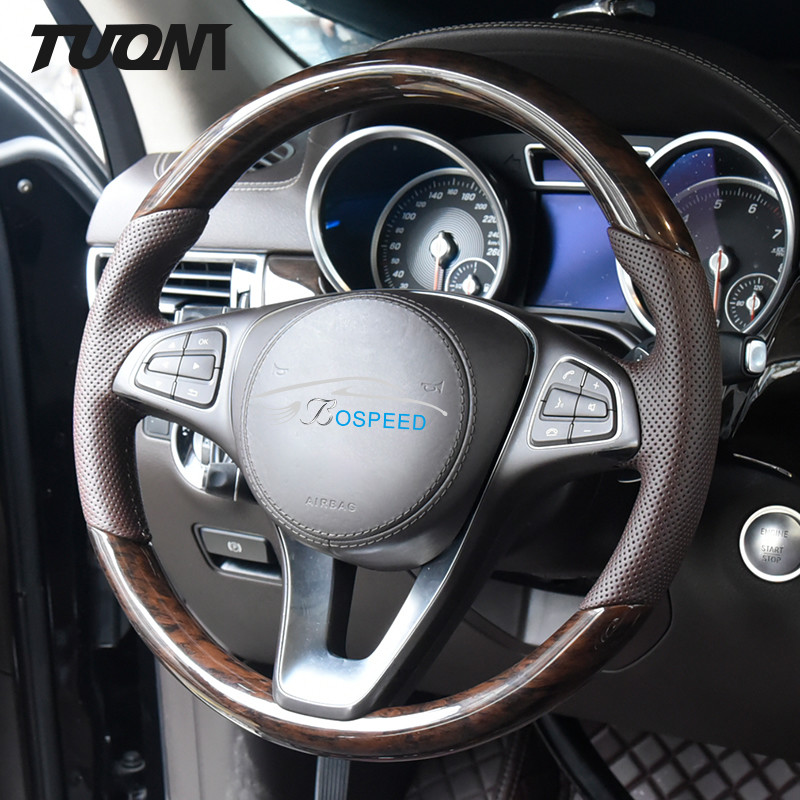 Mercedes Benz W205 Wood Steering Wheel Brown Perforated Leather Custom