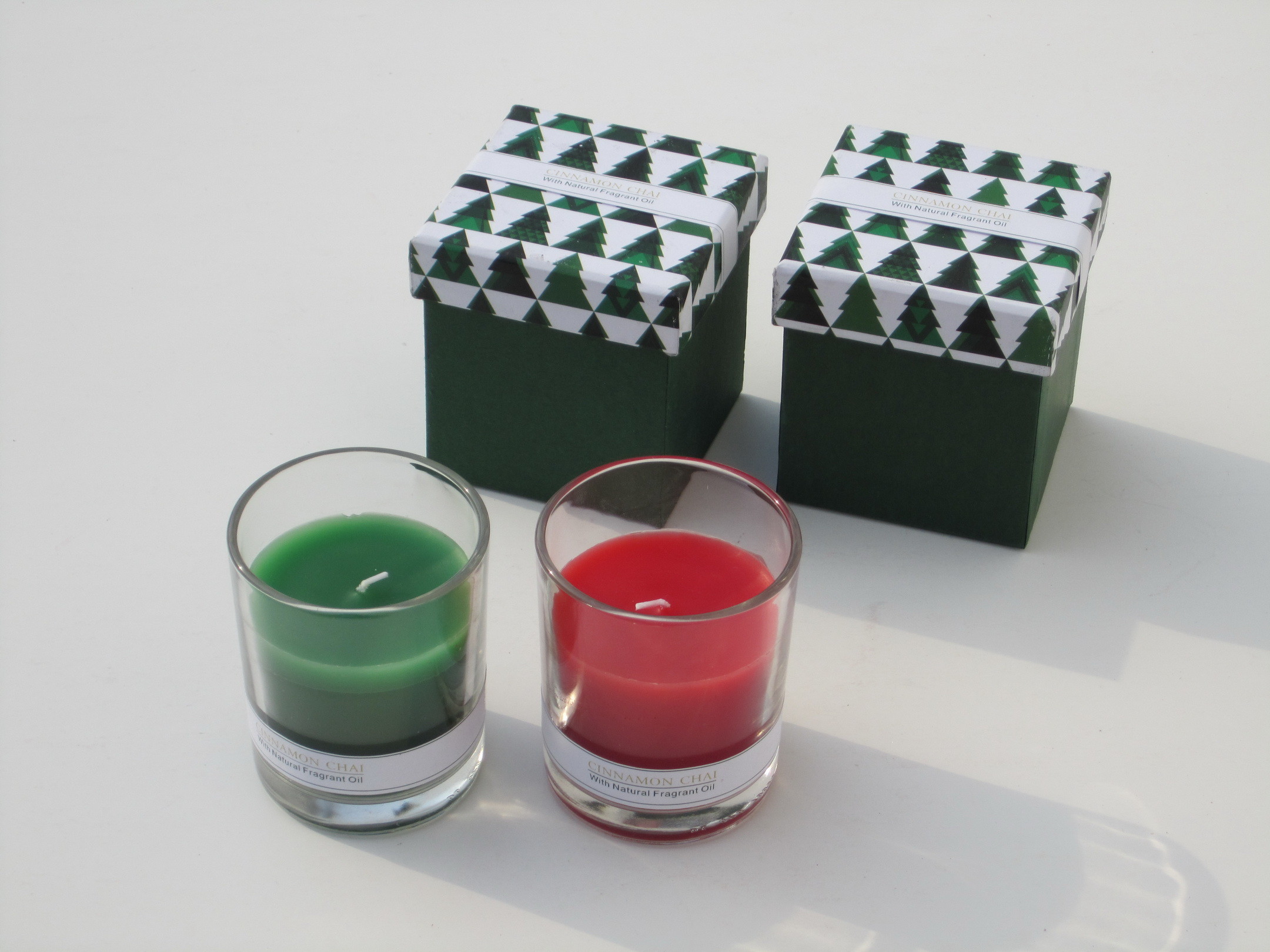 Red & Green scented glass candle with printed label and packed into gift box