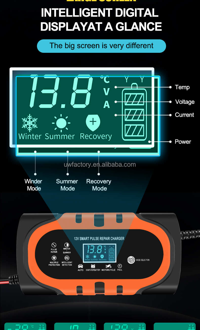 Portable LCD Display 12V/1.25A Automatic Identification Smart Fast Charge Car Battery Charger for Motorcycle Lead-Acid
