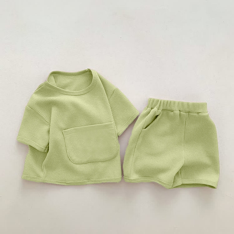Custom Toddlers Waffle Fabric 2Pcs Cotton Embroidery T Shirts Set Summer Loungewear