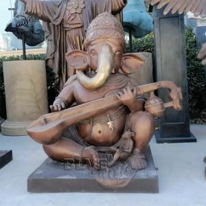 Quality Bronze Ganesha Statue Life Size Idol Ganesh Hindu God Sculpture Playing the Pipa Indian Religious Decoration wholesale
