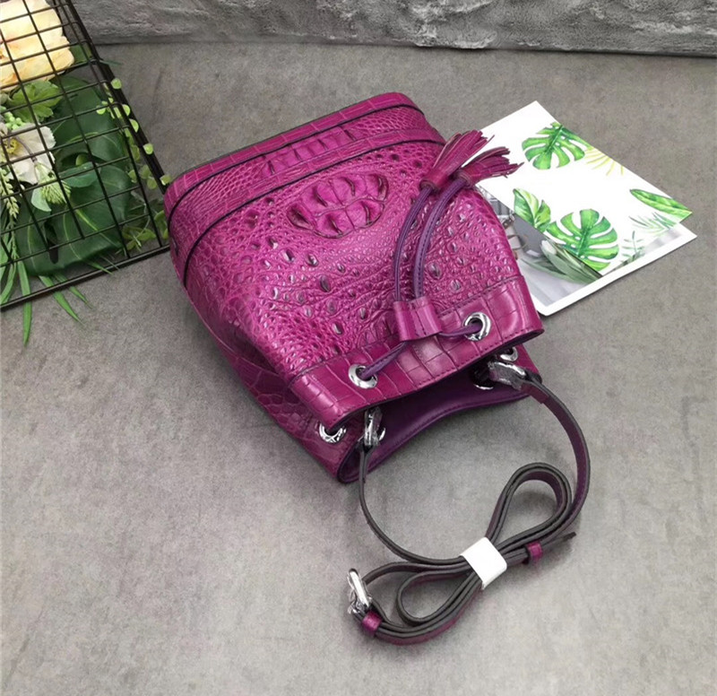 Authentic Crocodile Skin Drawstring Closure Women's Bucket Purse Exotic Alligator Leather Lady Small Tassel Shoulder Bag