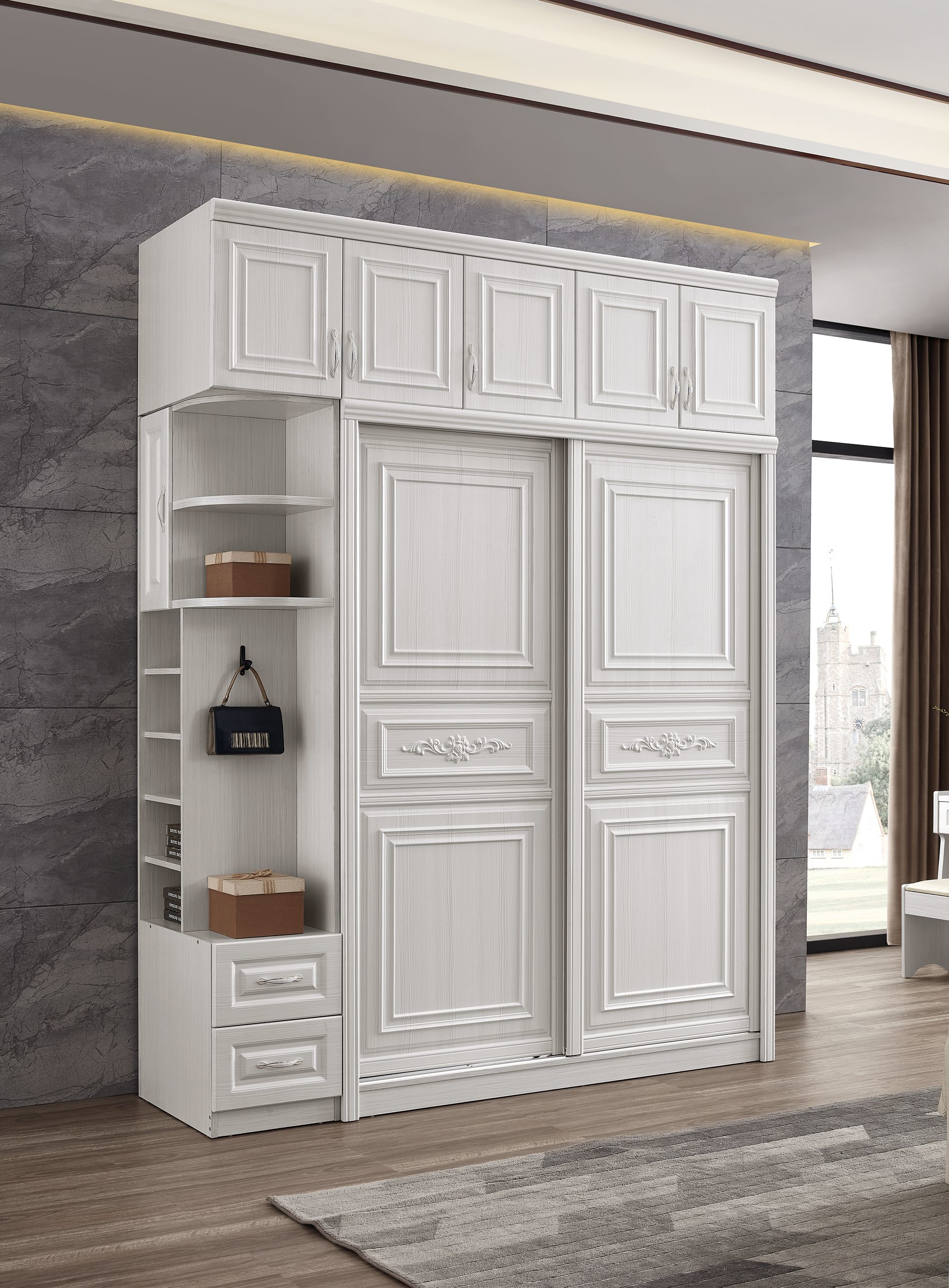 Eco Friendly White Wooden Wardrobe With Sliding Door Washable Height 20cm
