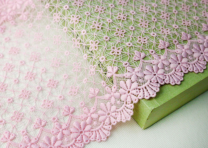 Fashion Pink Floral Embroidered Lace Trim With Chemical Poly Milk Silk For Women
