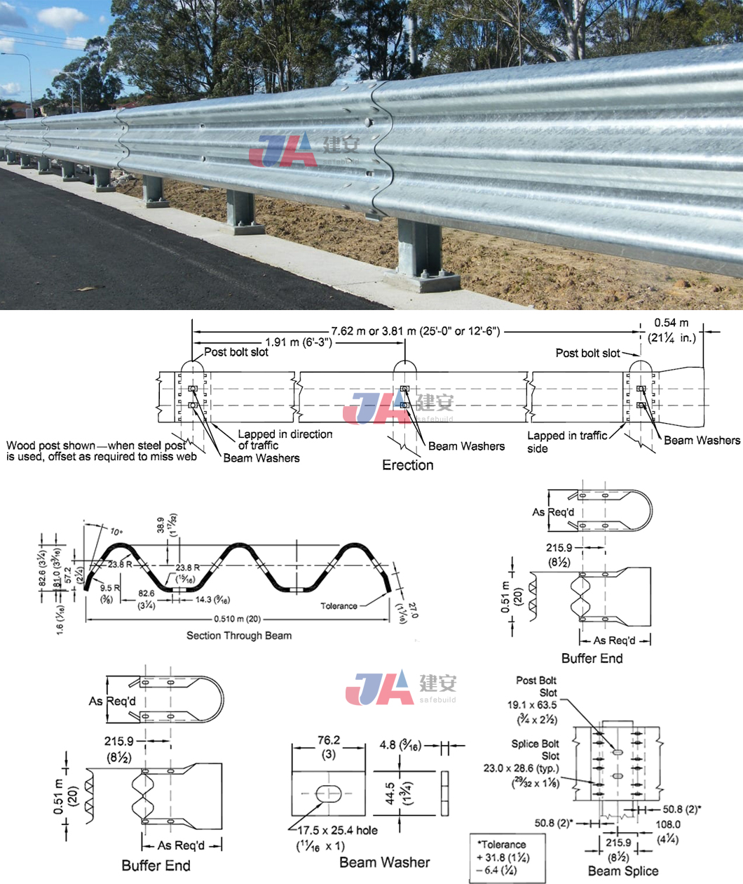 Highway Protection AASHTO M-180 Standard Steel Highway Guardrail With R Terminal End
