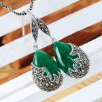 Vintage Sterling Silver Green Agate with Marcasite Dangle Drop Earrings