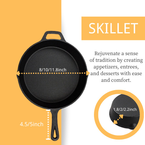 Pre Seasoned Long Handle Cast Iron Skillet Pan 6/8/10 Inch 3pcs/Set