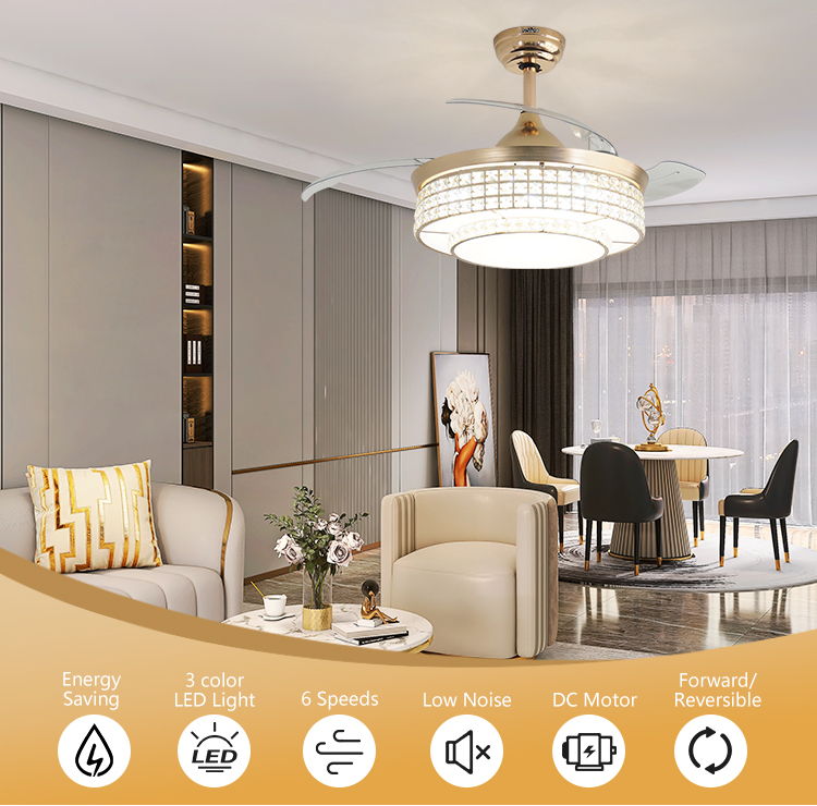 Home Office Function Air Conditioning LED Lighting Gold Ceiling Fan with Hidden Blades