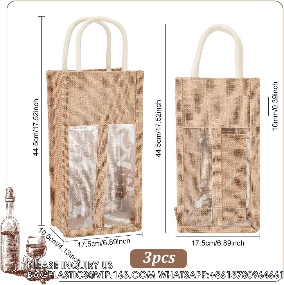 Double Window Two Bottles Burlap Jute Wine Bottle Bag Wedding, Party Favors, Christmas, Holiday And Wine Tasting