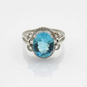 Quality 925 Silver Oval Blue Topaz Gemstone Ring with CZ Diamons (R261) wholesale